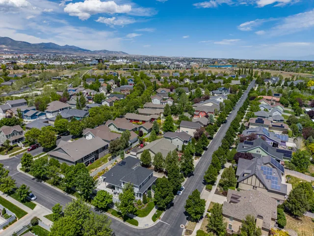 Aerial perspective of a residential neighborhood with tree-lined streets and varied architectural styles