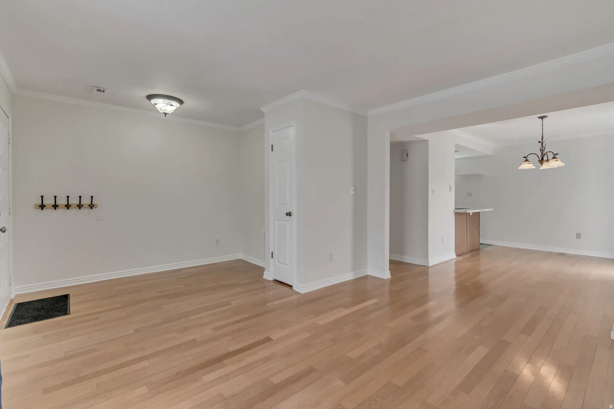 Spacious room featuring light wood-finish flooring, white walls, and crown molding