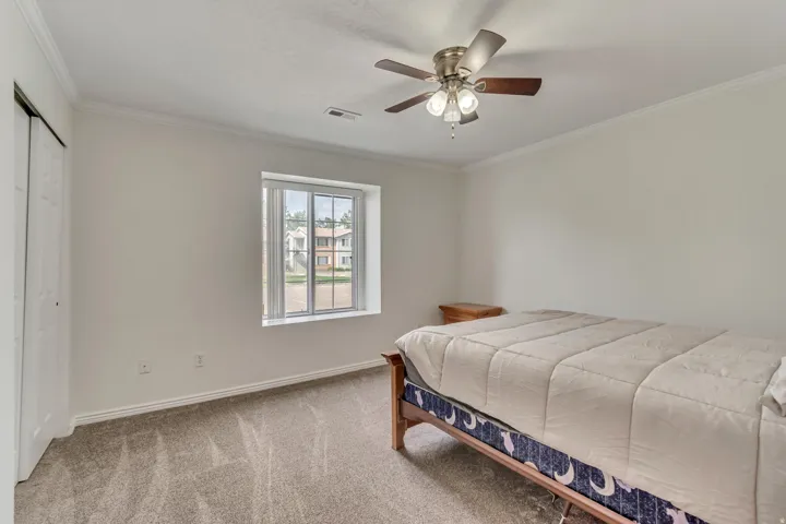 Carpeted interior room featuring a window with blinds, ceiling fan with light fixture, and crown molding