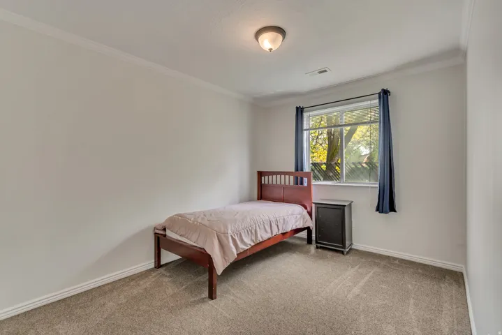 Carpeted room featuring a large window, crown molding, baseboards, and a flush mount ceiling light