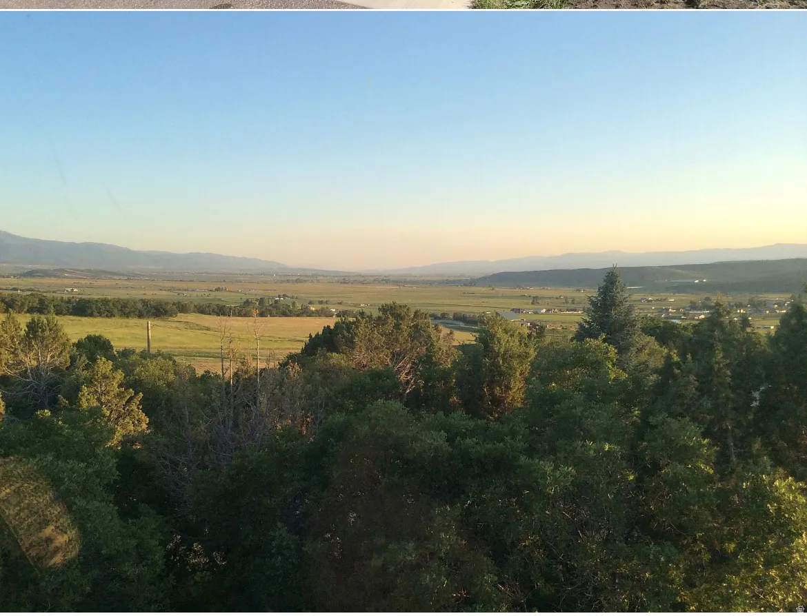 View from pool, Expansive valley landscape with distant mountain ranges, vibrant green fields, and dense mature trees