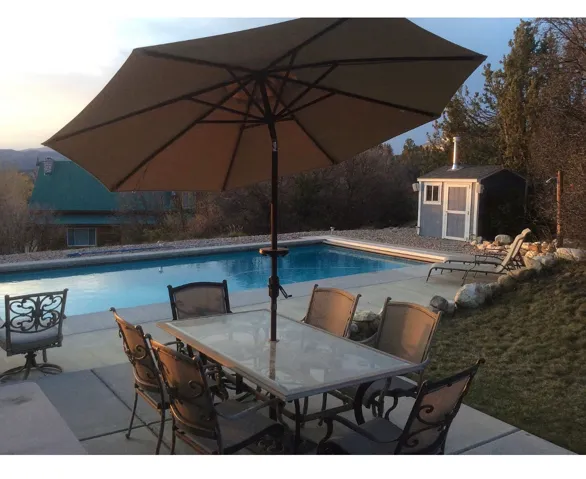 Concrete pool deck featuring a built-in swimming pool, a detached storage shed, and surrounding xeriscaping