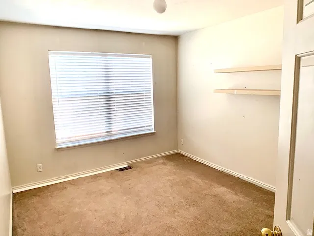 Carpeted room featuring a window with horizontal blinds and two wall-mounted shelves