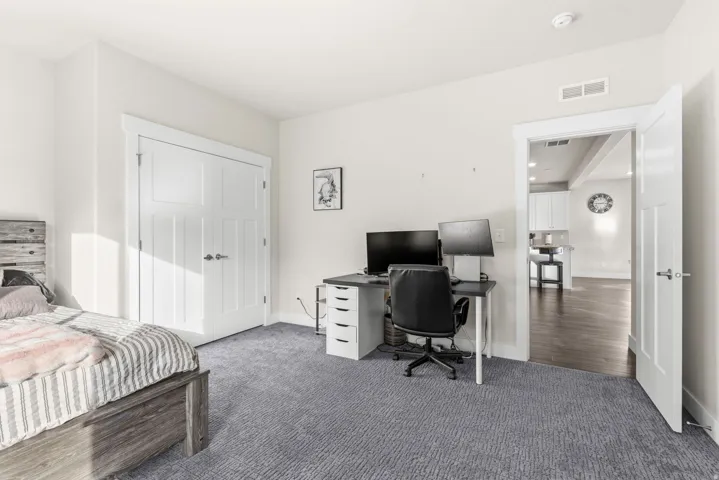 Neutral gray carpeted flooring