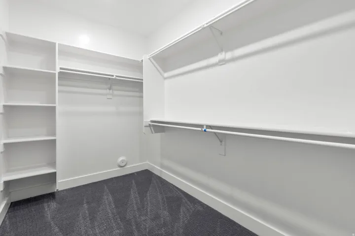 Spacious walk-in closet featuring built-in shelving, multiple hanging rods, white walls, white trim, and dark patterned carpeting
