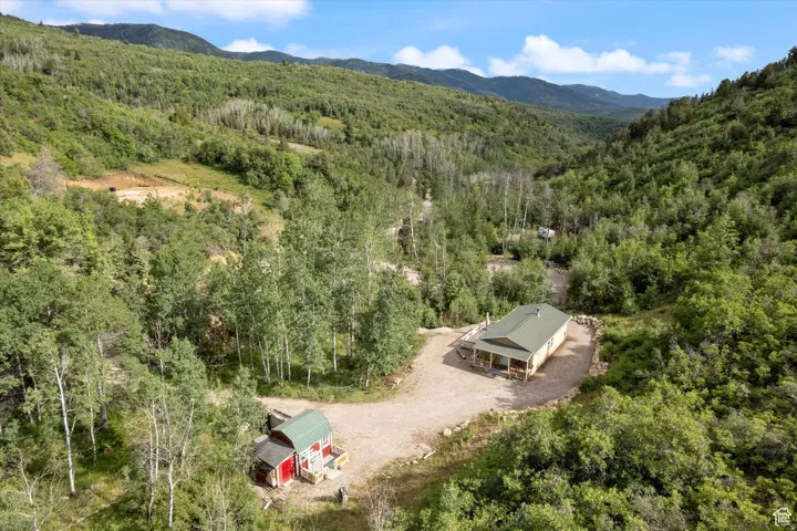 Aerial view of property and surrounding area featuring a forest and a mountain backdrop.