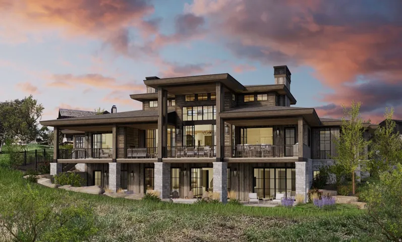 Multi-level structure with stone and wood-finish siding