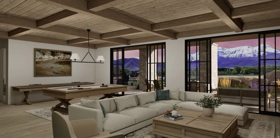 Vaulted wood-beamed ceiling, integrated recessed lighting, expansive glass sliding doors, stone exterior accents, and wood-finish flooring