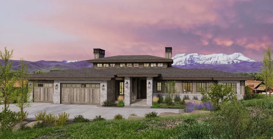 Craftsman-style exterior featuring stone and wood siding, a multi-car garage, and a tiered roofline with multiple windows