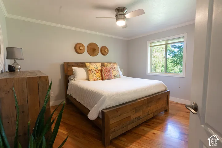 Classic master bedroom with walk-in closet, and shower bathroom.  Custom light and fan fixture, beautiful wood floors!