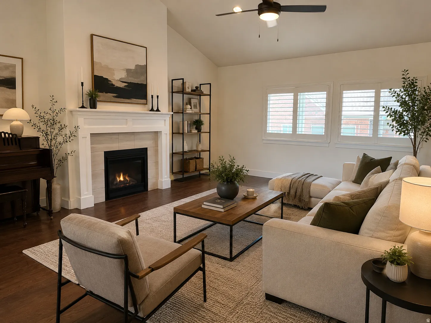 AI Generated Design/ Living space featuring a white mantel fireplace with a tiled surround, wood-finish flooring, and white plantation shutters