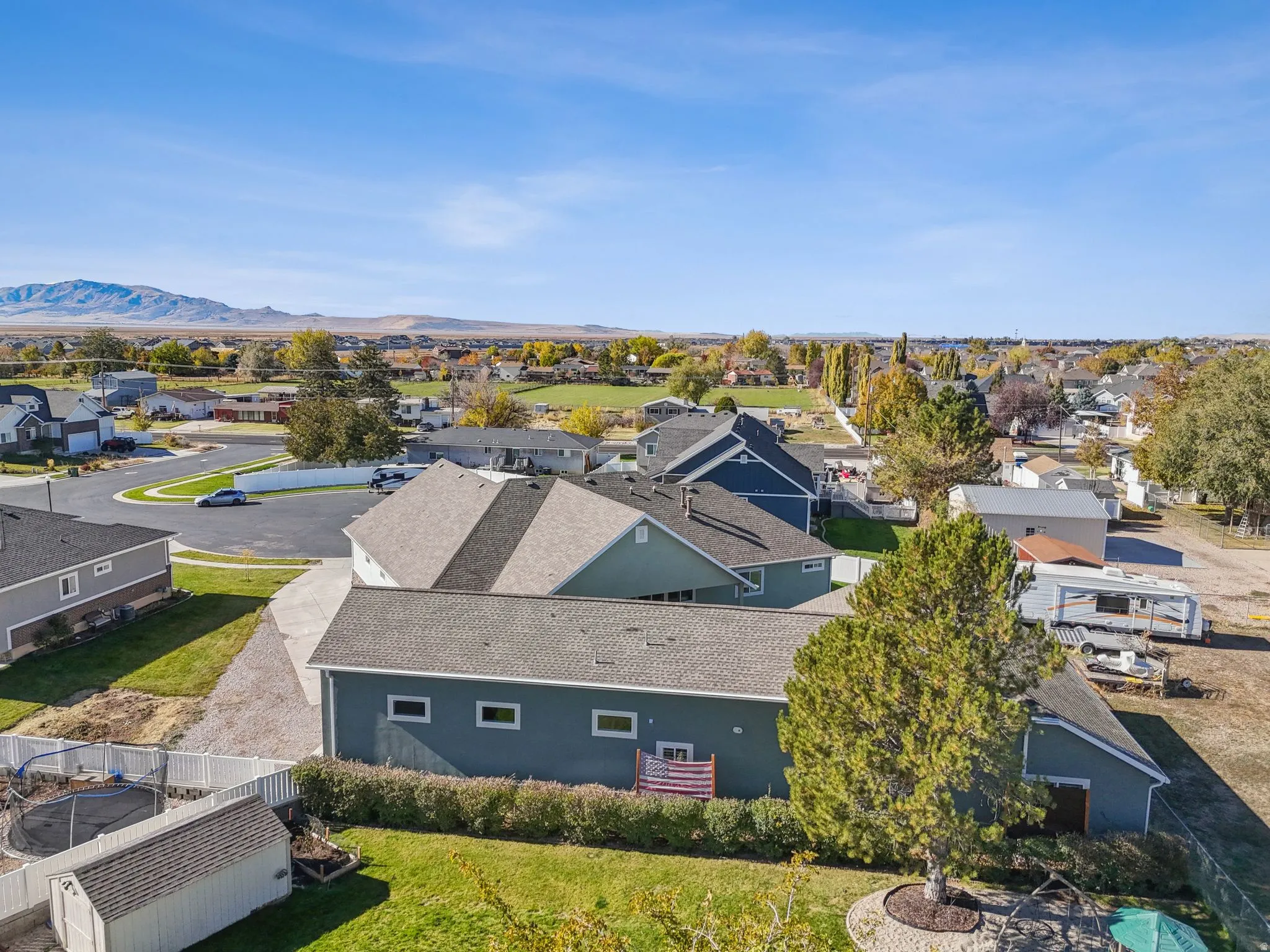 Aerial perspective showcasing a residential area with varied home designs