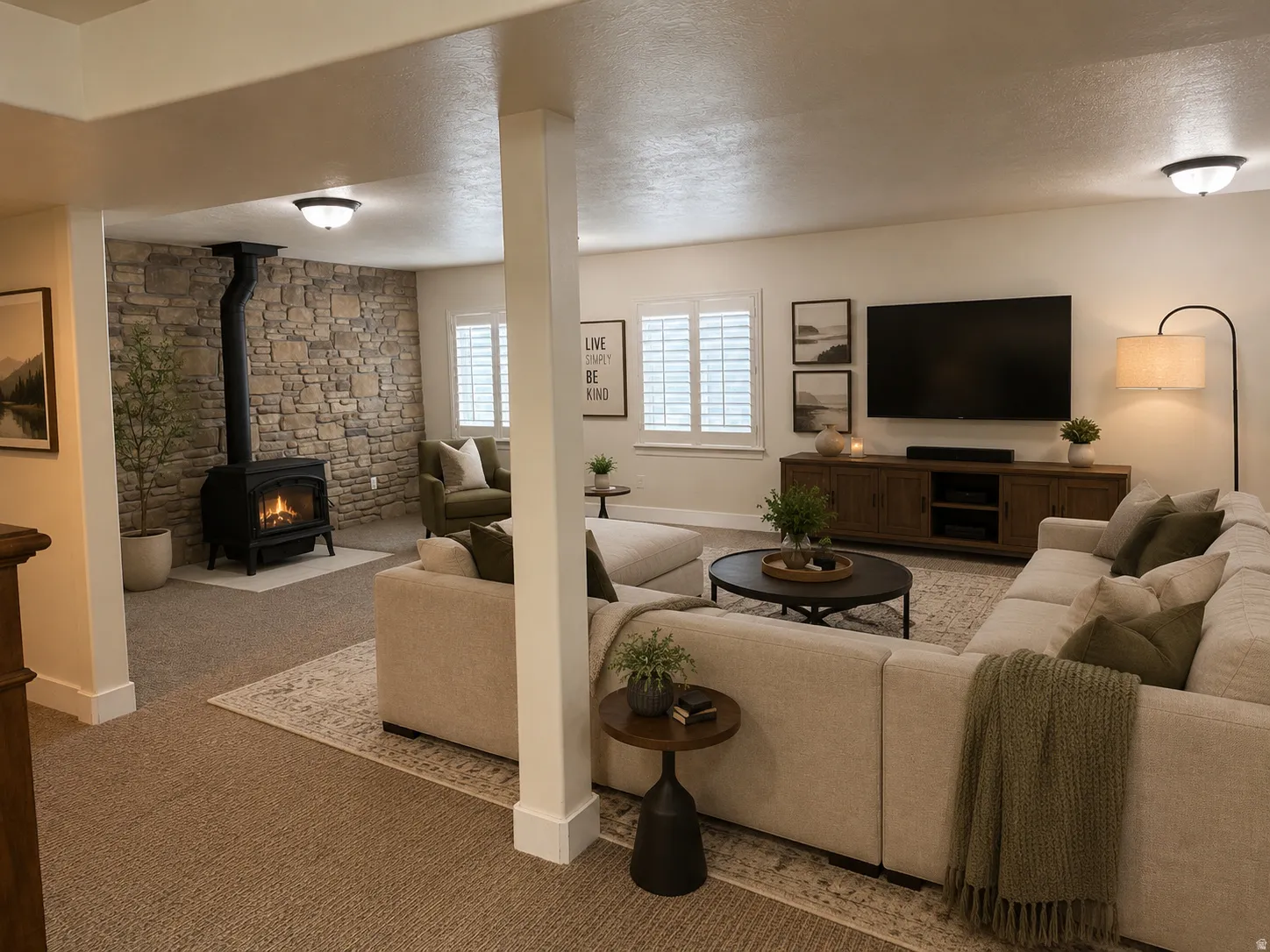 AI Generated Design/ Spacious living area featuring a stone accent wall, a black freestanding stove, and shuttered windows