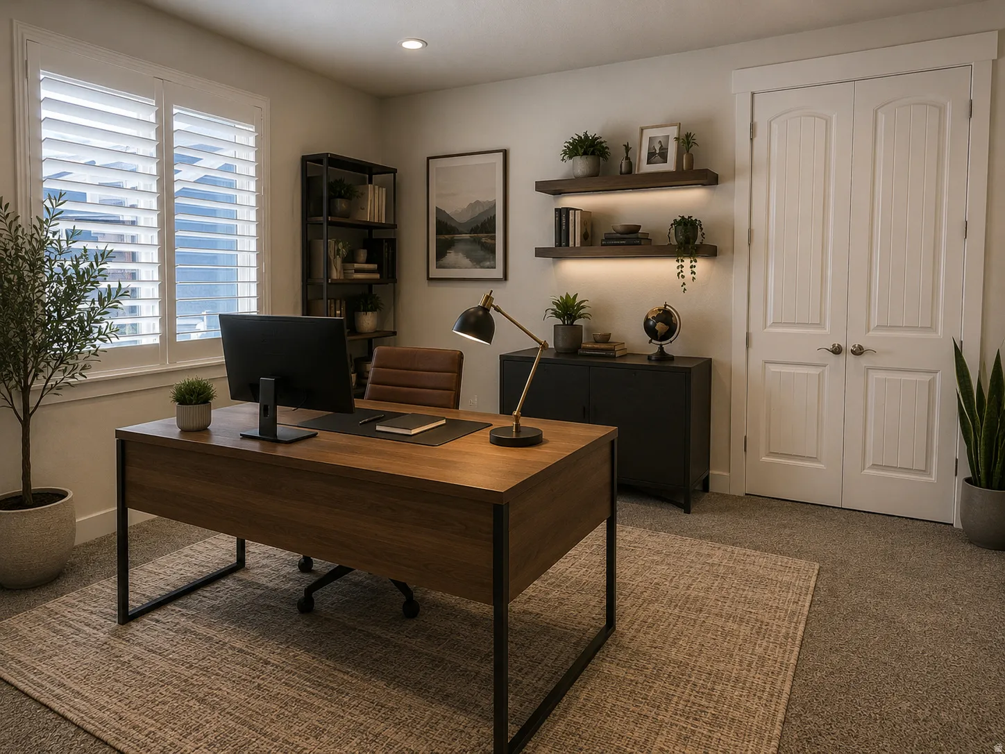 AI Generated Design/Main level Bedroom/Office Neutral tone wall color with white plantation shutters