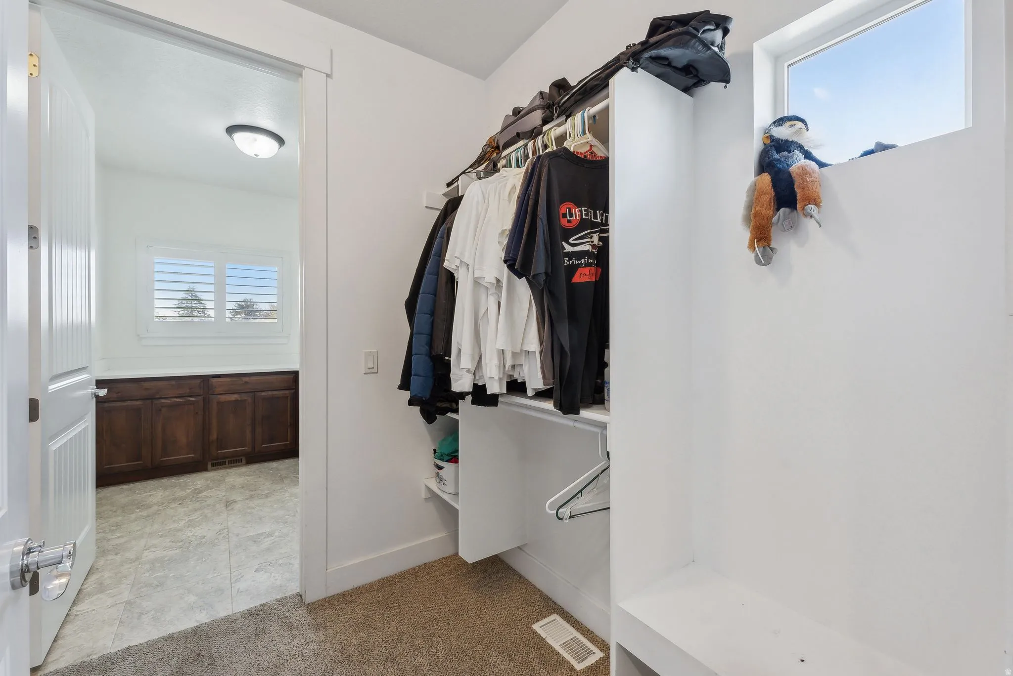 Walk-in closet with built-in shelving and hanging rods