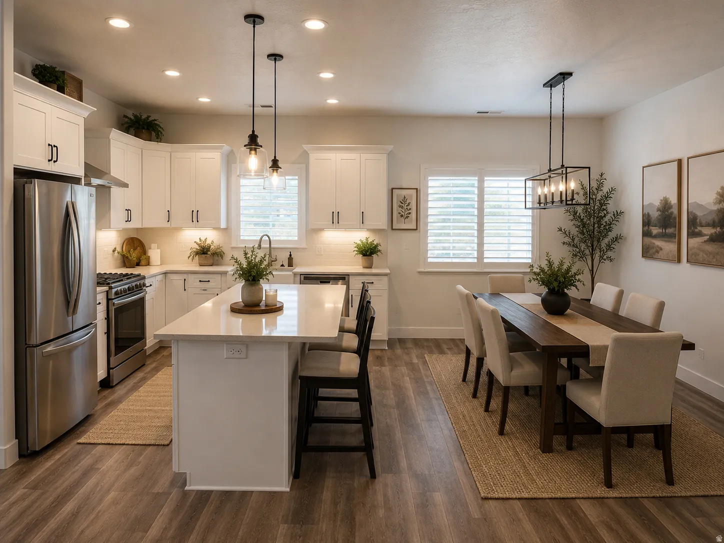AI generated Design/ Open-concept kitchen and dining area featuring wood-finish flooring