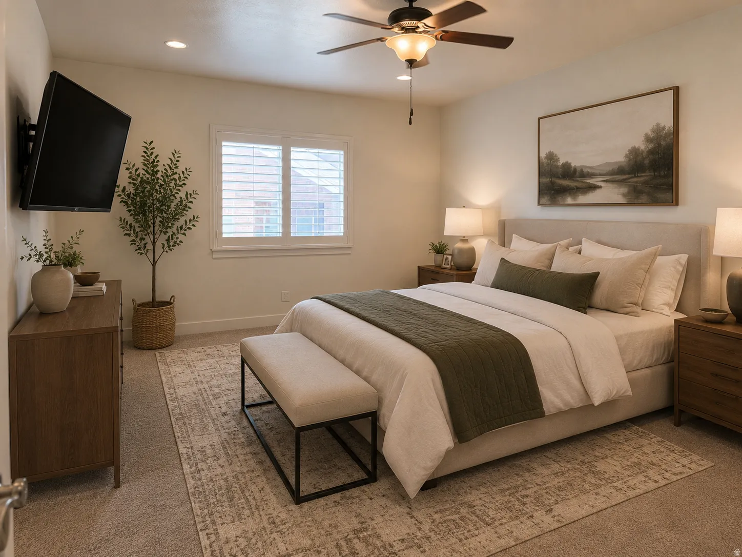 AI Generated Design/ Primary Bedroom. Spacious room featuring neutral wall tones, recessed lighting, a ceiling fan with light fixture, window with plantation shutters, and plush carpet flooring