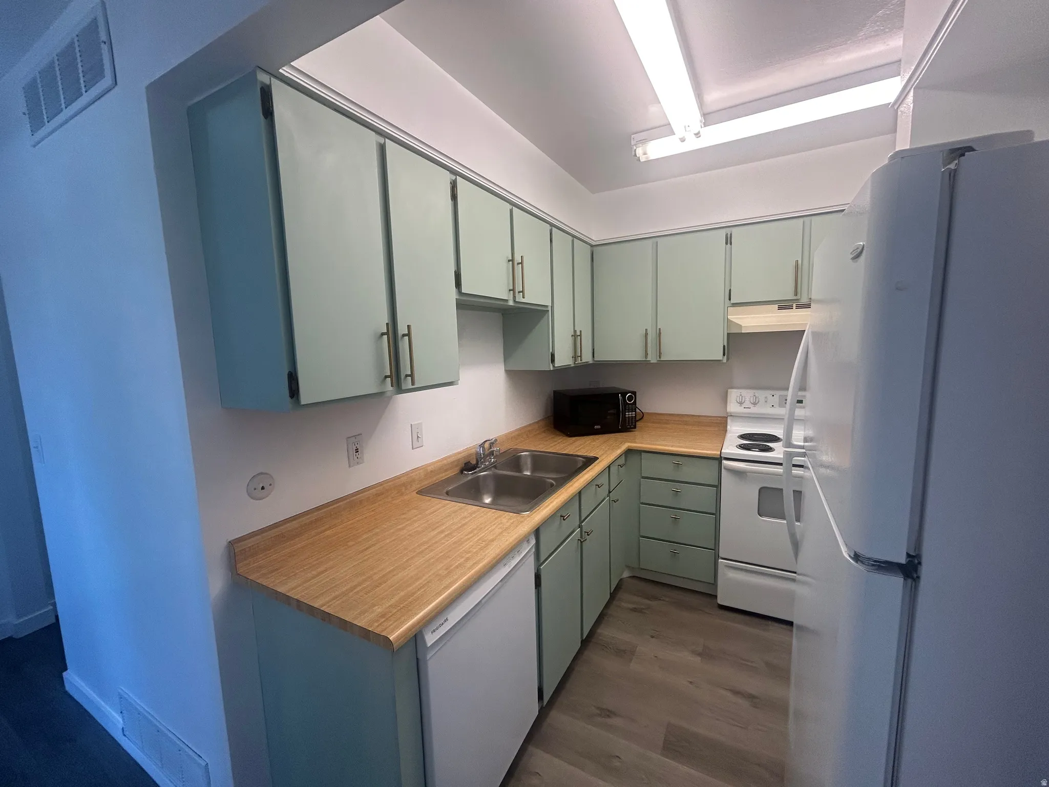 Dishwasher, double sinks, microwave, electric range/oven and fridge