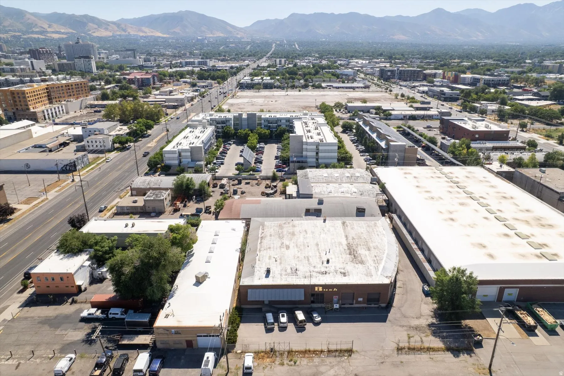 Aerial perspective showcasing urban and industrial structures