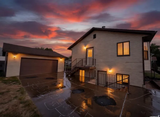 Split-level residence featuring light-toned siding, a multi-pane window, and an exterior staircase with metal railings