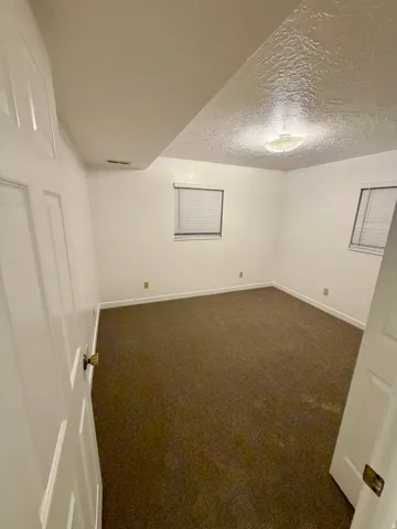 Carpeted room with white walls, baseboards, and two windows featuring horizontal blinds