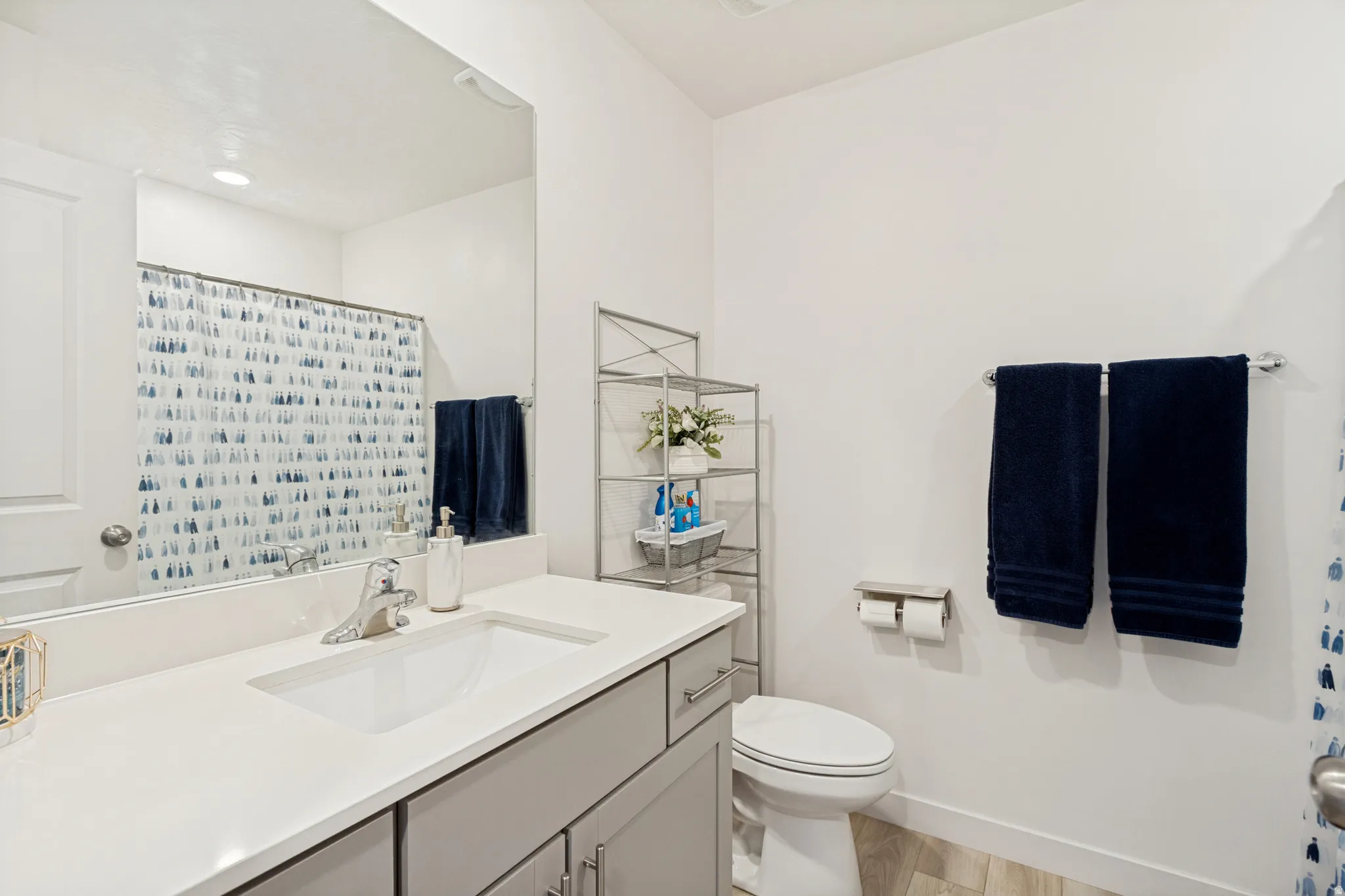Bathroom featuring a single vanity with a white countertop, an integrated rectangular sink, a polished chrome faucet, and wood-finish flooring