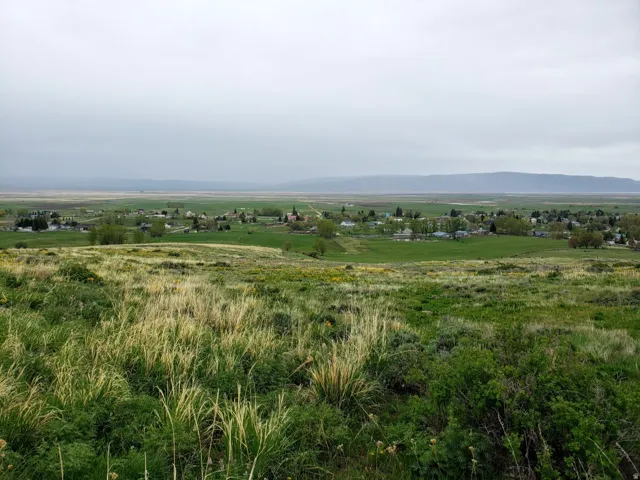 Expansive natural landscape with a distant community nestled among green fields and mature trees, backed by a range of mountains