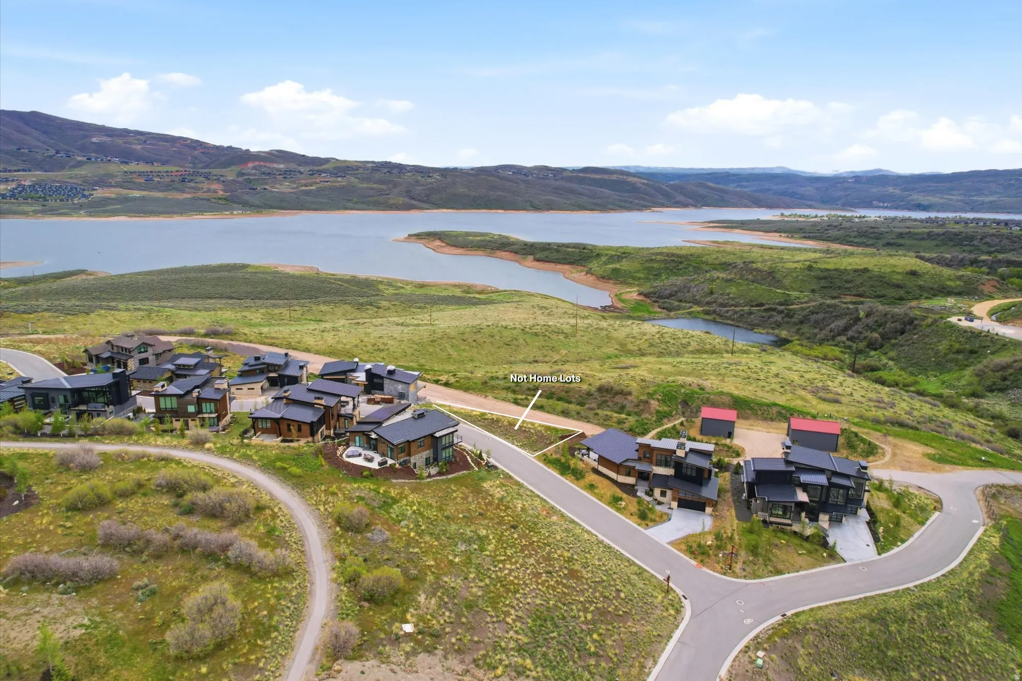 Aerial perspective showcasing a residential development with modern homes set into a natural landscape