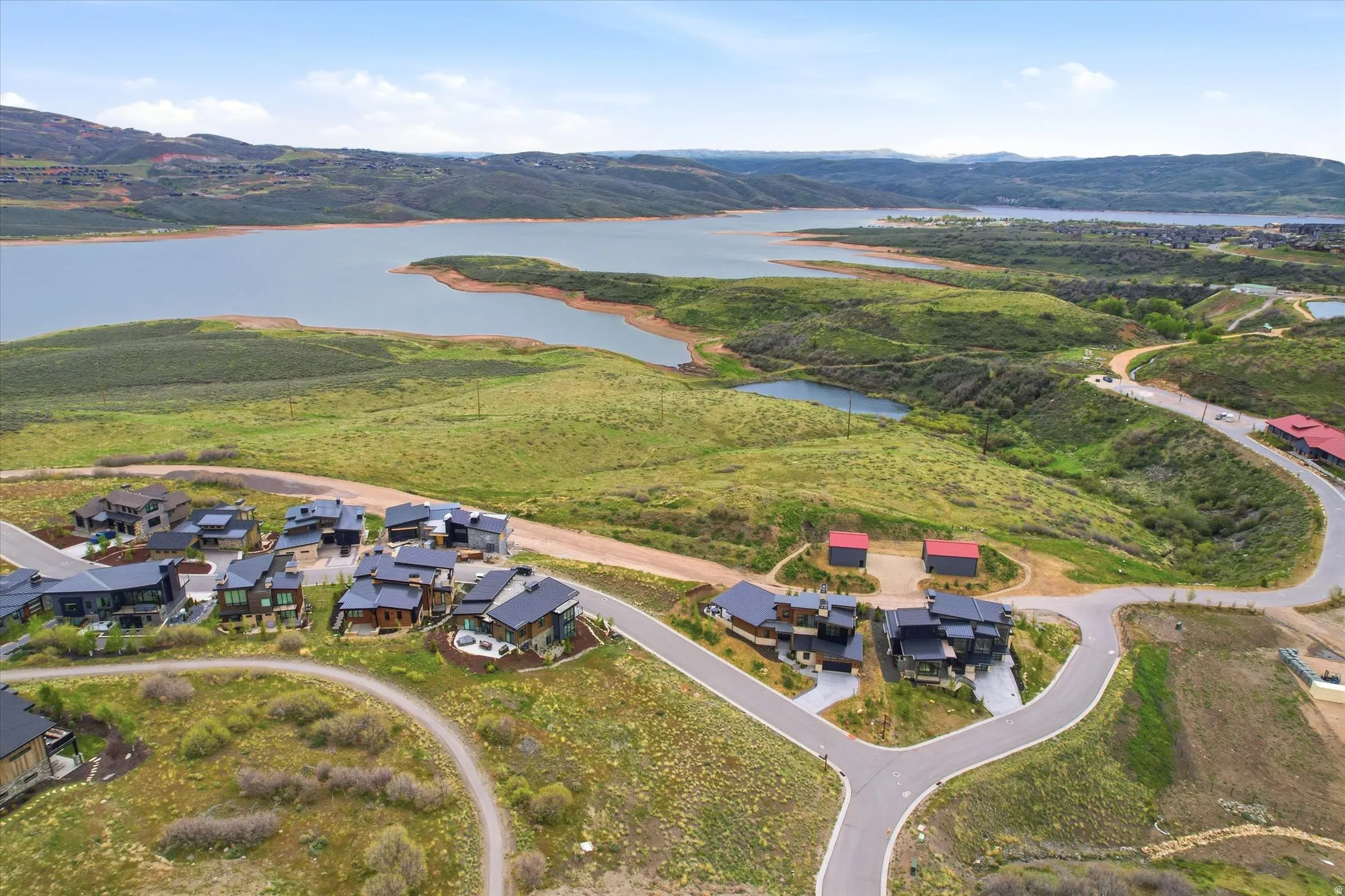 Aerial perspective showcasing a residential development with modern architecture