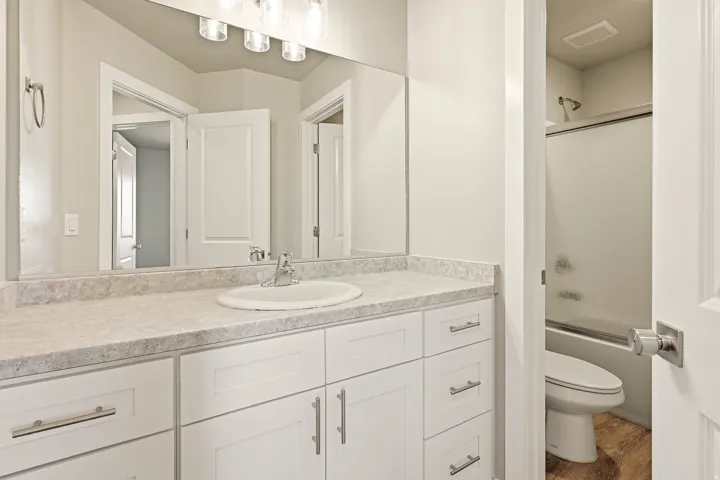 Bathroom vanity featuring a white oval sink, chrome faucet, and spacious countertop