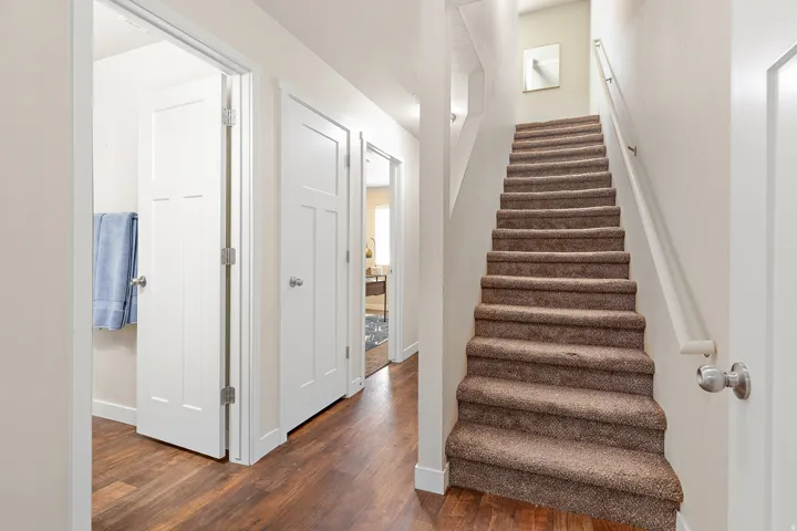 Carpeted staircase with white handrail and light-toned walls