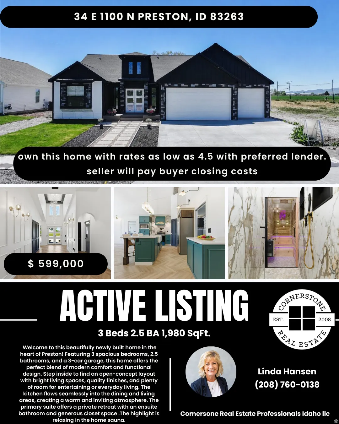 Real Estate Listing. Presenting property details, financial incentives, and agent contact information