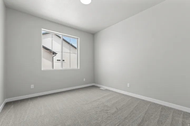 Neutral wall paint with white trim, window featuring grid pattern, and gray carpet flooring