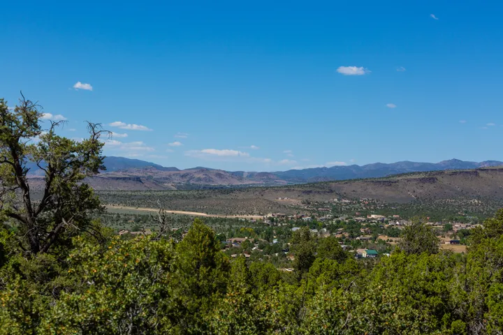 Expansive natural landscape featuring lush green foliage in the foreground, a distant community, and a mountain range under a clear blue sky
