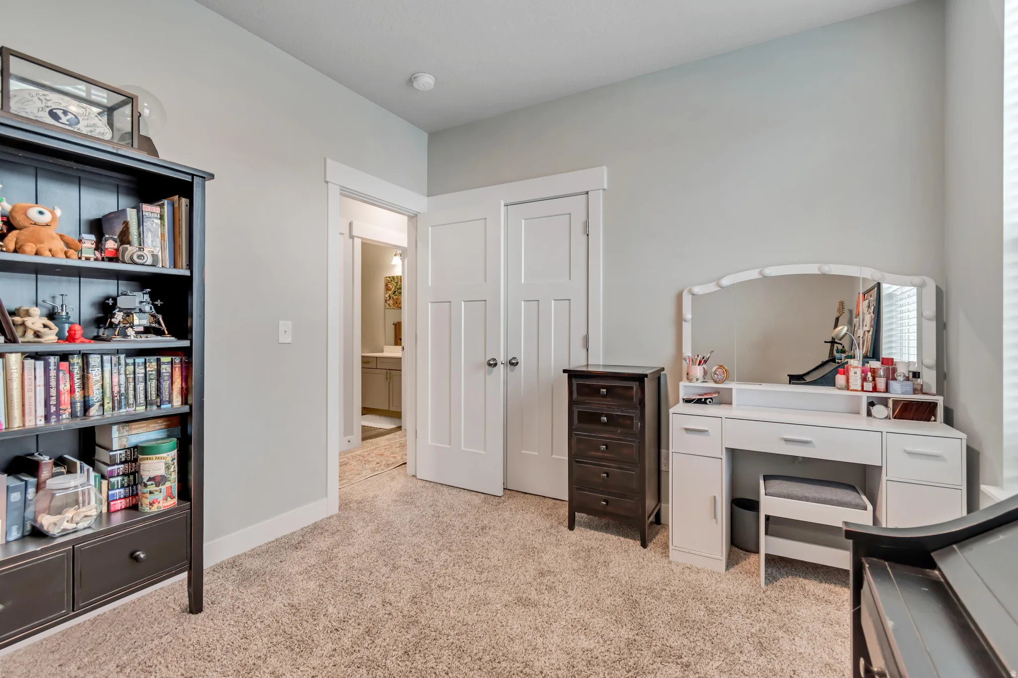 Plush carpeted flooring and light gray wall tones