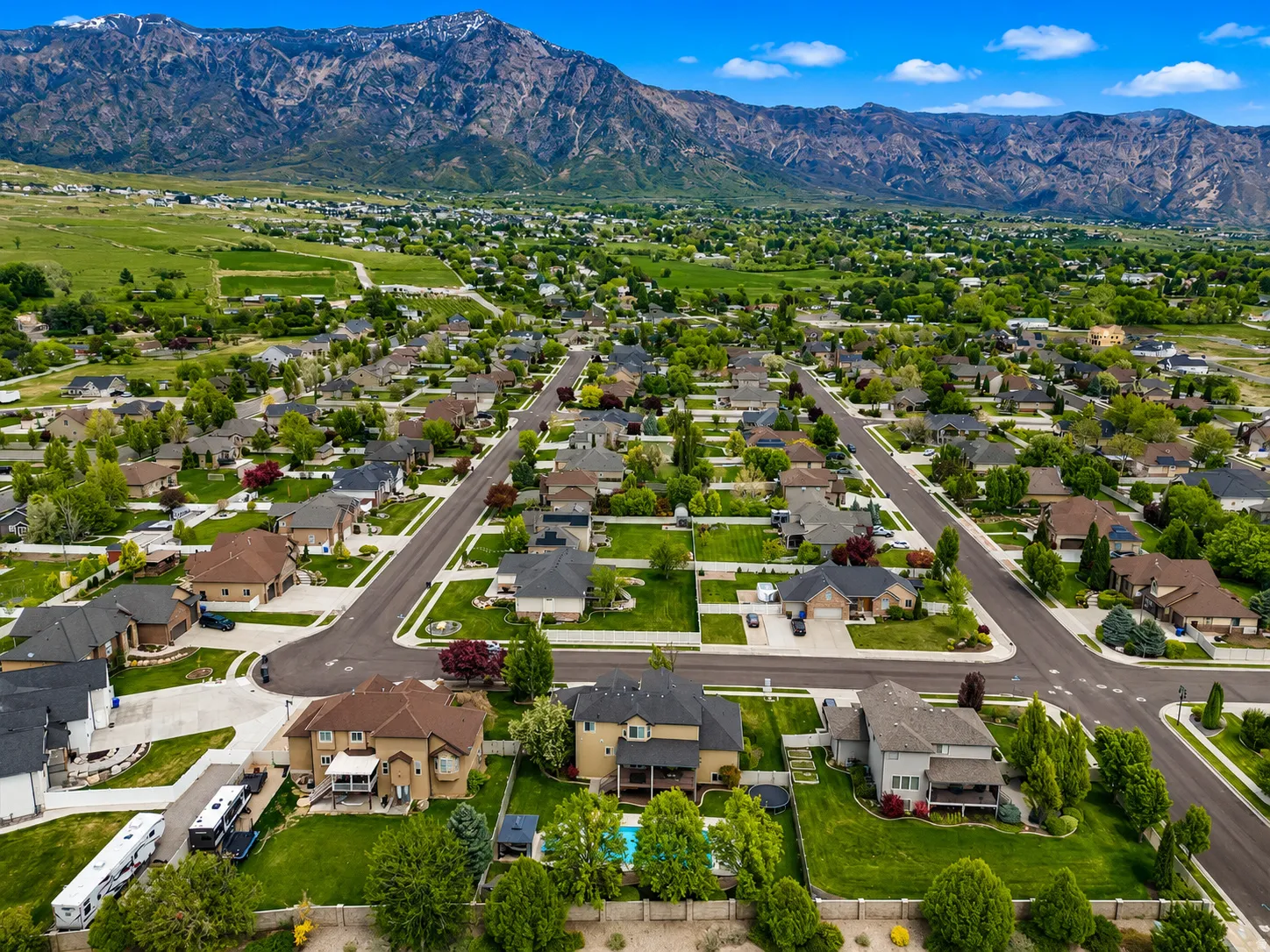 Aerial perspective showcasing a residential area with varied home styles and mature landscaping