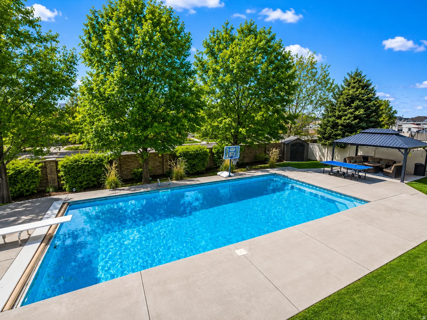 Expansive backyard featuring a rectangular swimming pool with a diving board