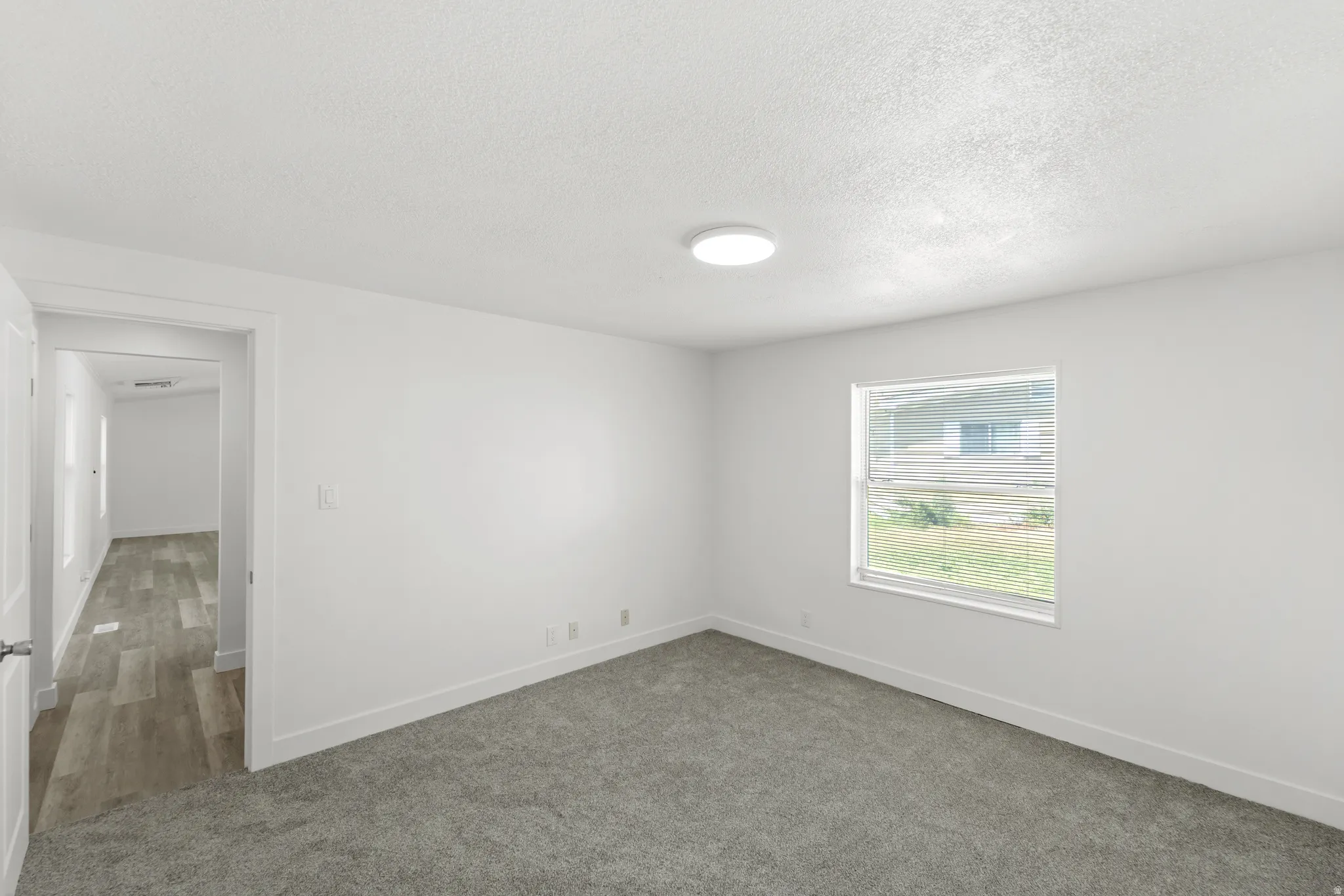 Room featuring light gray carpeting, white walls, and a single window with blinds