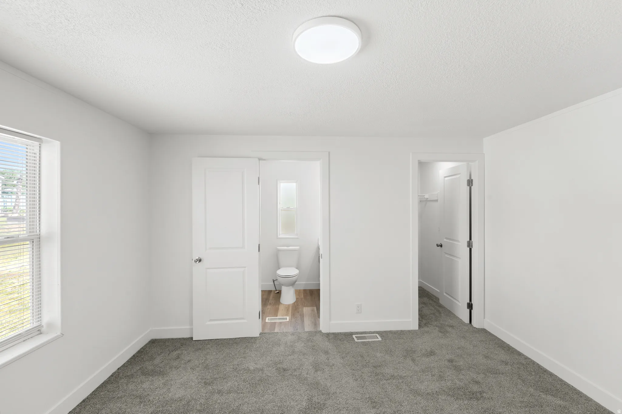 Bright interior space featuring light gray carpeting, a window with horizontal blinds, and a flush-mount ceiling light fixture