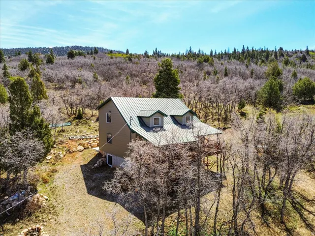 Custom-built residence featuring a metal roof, dormer windows, and a raised deck