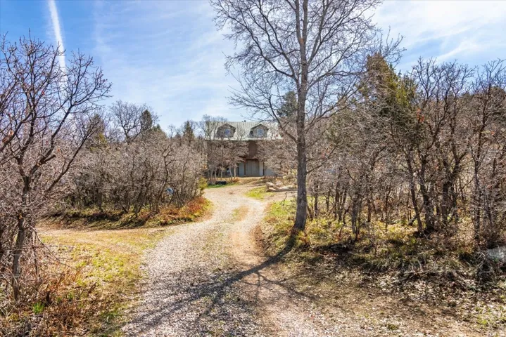 Gravel driveway providing access to a multi-story home featuring dormer windows and a light-colored roof