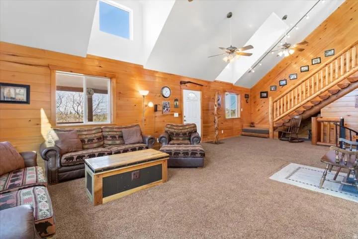 Spacious living area featuring extensive wood paneling, a vaulted ceiling, and skylight