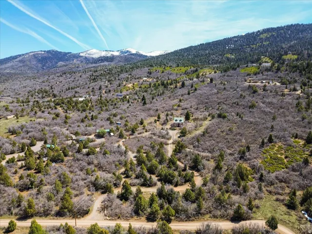 Expansive mountain property featuring varied terrain, a distant snow-capped mountain range, numerous evergreen trees, and a visible structure with a green roof