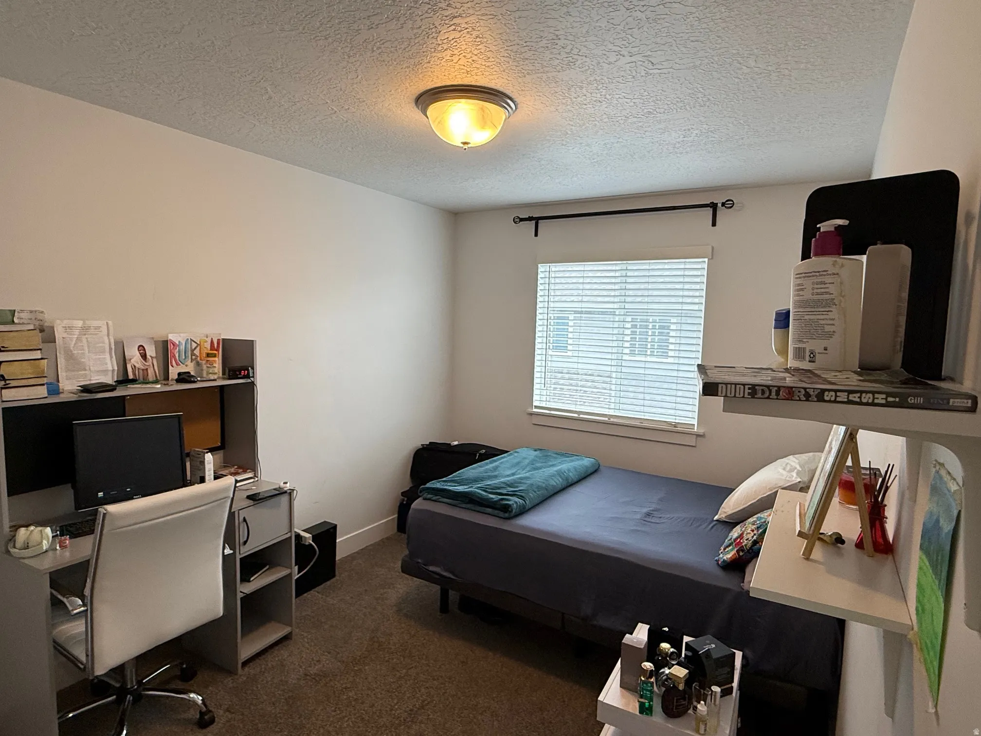 Carpeted room featuring a single window with blinds, a ceiling-mounted light fixture, and a built-in wall shelf