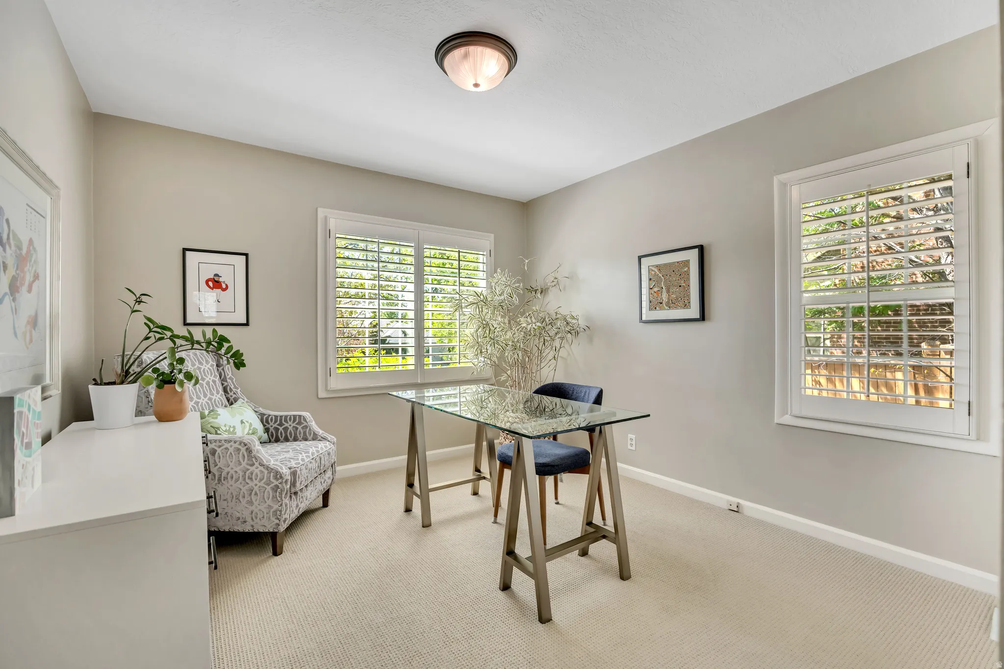 Light-filled room featuring neutral wall tones and plush carpet flooring