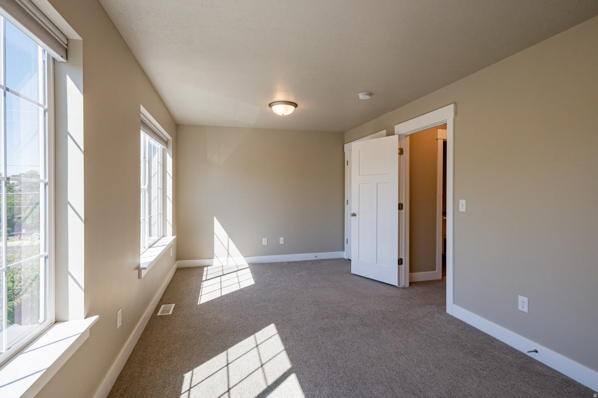 Carpeted interior room featuring multiple windows, neutral wall tones, and white trim