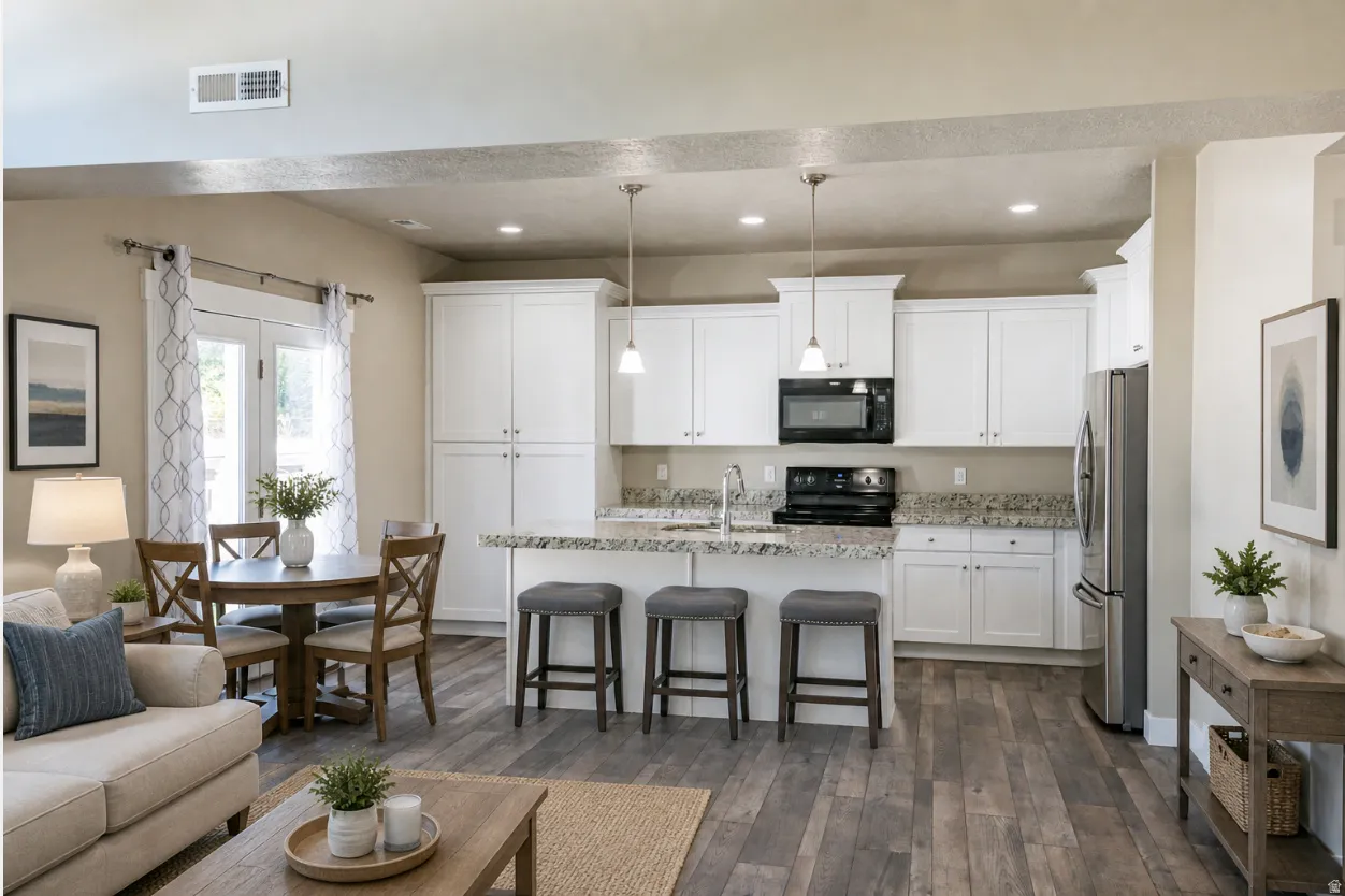 Enjoy a modern kitchen featuring white cabinetry, granite countertops, stainless steel refrigerator, laminate flooring, and a central island with pendant lighting.