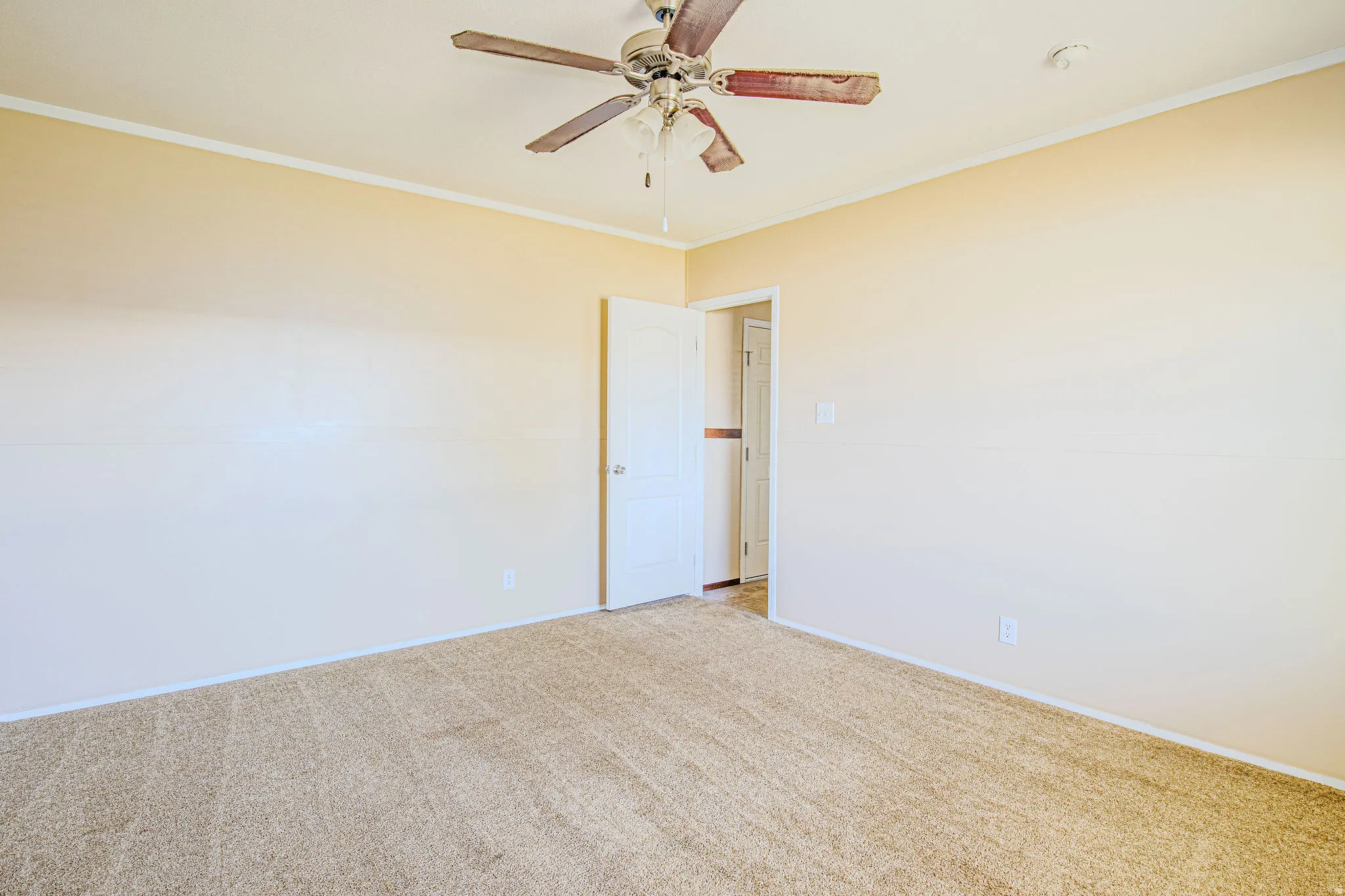 Neutral-toned walls complement the light beige carpet flooring