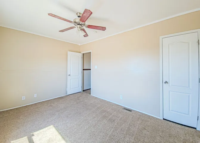 Spacious room featuring neutral carpeting, light beige walls, white trim, and a ceiling fan with light fixture