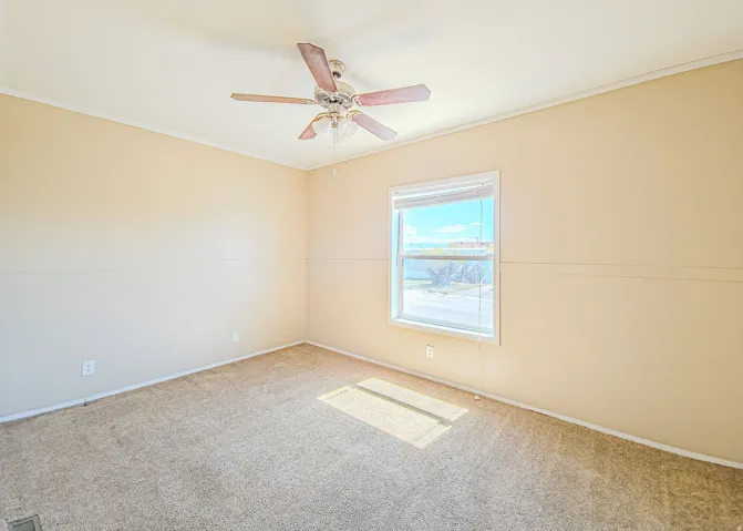 Carpeted room featuring neutral wall tones, a ceiling fan with light fixture, and a single window with blinds